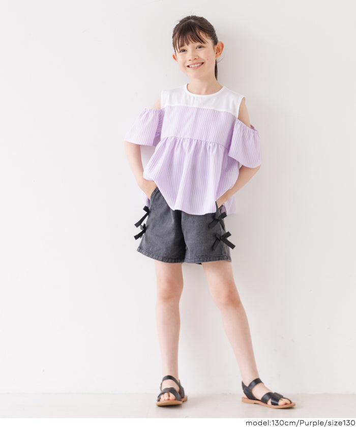 童裝露肩設計條紋拼接上衣