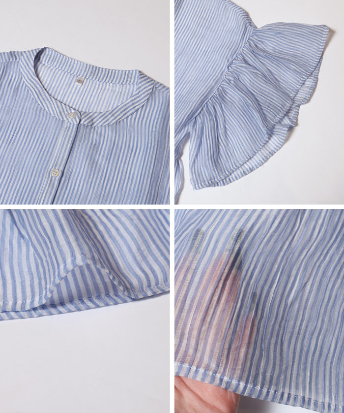 條紋空氣感透膚荷葉襯衫 (Striped sheer ruffle blouse)