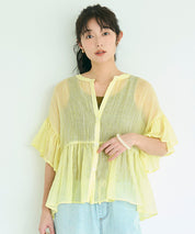 條紋空氣感透膚荷葉襯衫 (Striped sheer ruffle blouse)