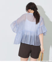 條紋空氣感透膚荷葉襯衫 (Striped sheer ruffle blouse)