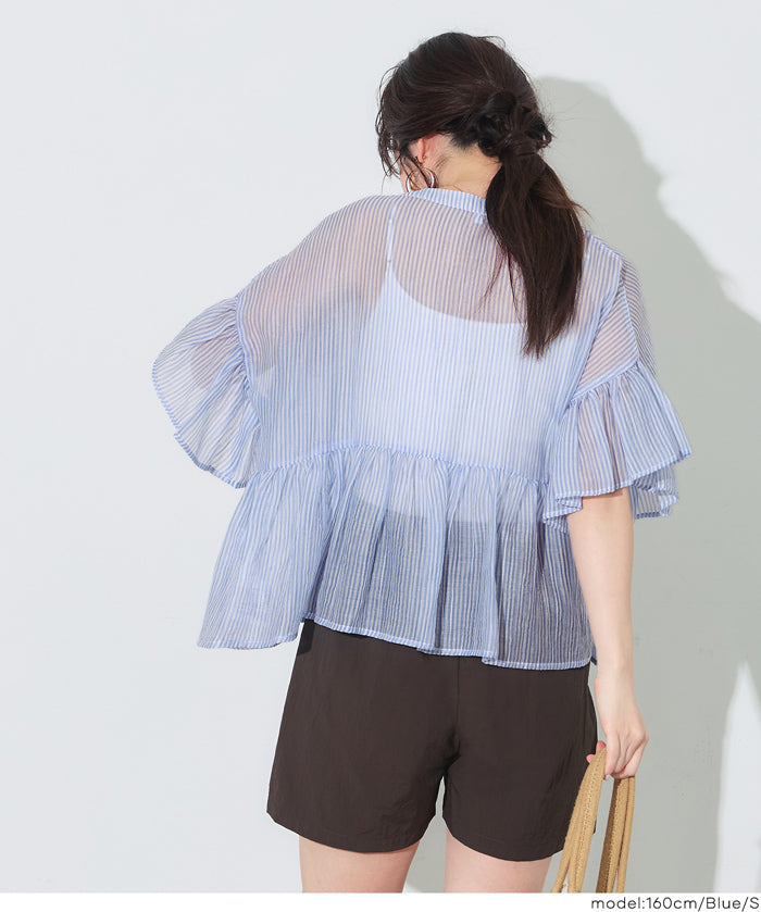 條紋空氣感透膚荷葉襯衫 (Striped sheer ruffle blouse)