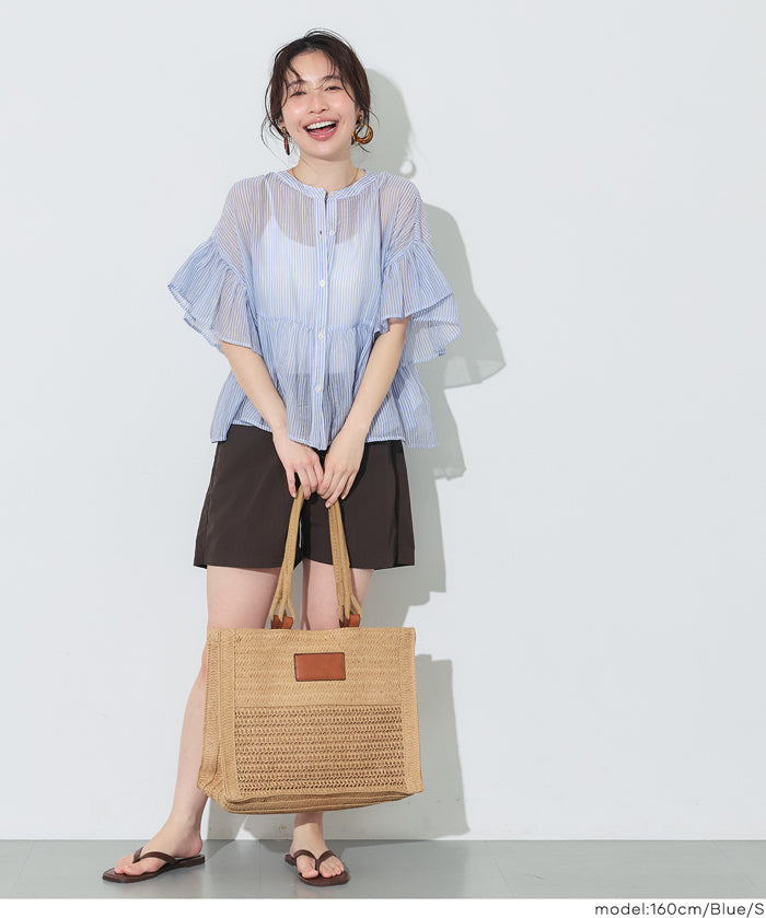 條紋空氣感透膚荷葉襯衫 (Striped sheer ruffle blouse)