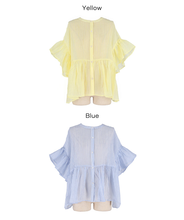 條紋空氣感透膚荷葉襯衫 (Striped sheer ruffle blouse)