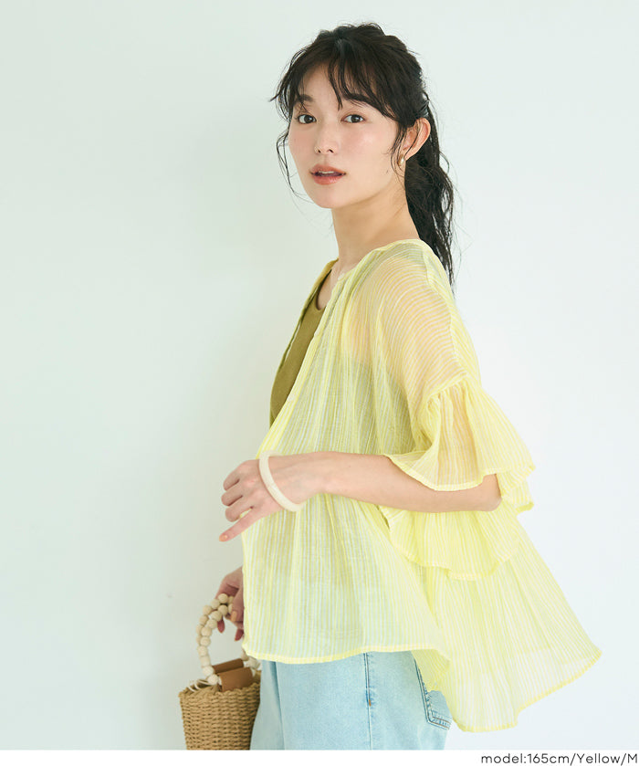 條紋空氣感透膚荷葉襯衫 (Striped sheer ruffle blouse)