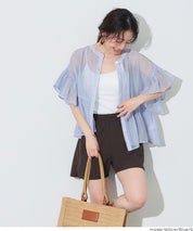 條紋空氣感透膚荷葉襯衫 (Striped sheer ruffle blouse)