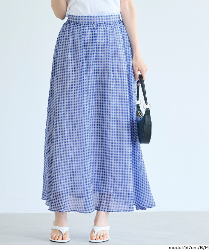森系透感薄紗格紋A字長裙 (Sheer check skirt)