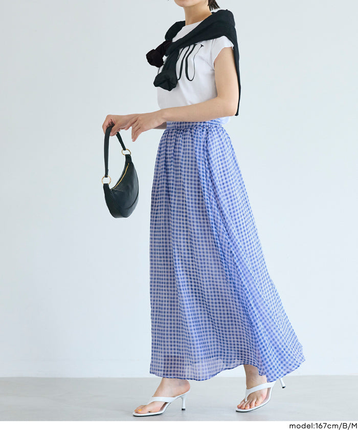 森系透感薄紗格紋A字長裙 (Sheer check skirt)