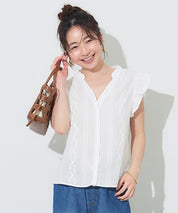 日系甜美刺繡荷花袖V領襯衫 (Cotton lace V-neck blouse)