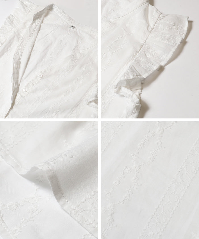 日系甜美刺繡荷花袖V領襯衫 (Cotton lace V-neck blouse)