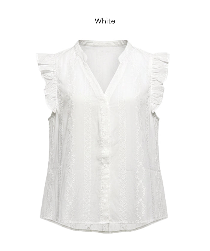 日系甜美刺繡荷花袖V領襯衫 (Cotton lace V-neck blouse)