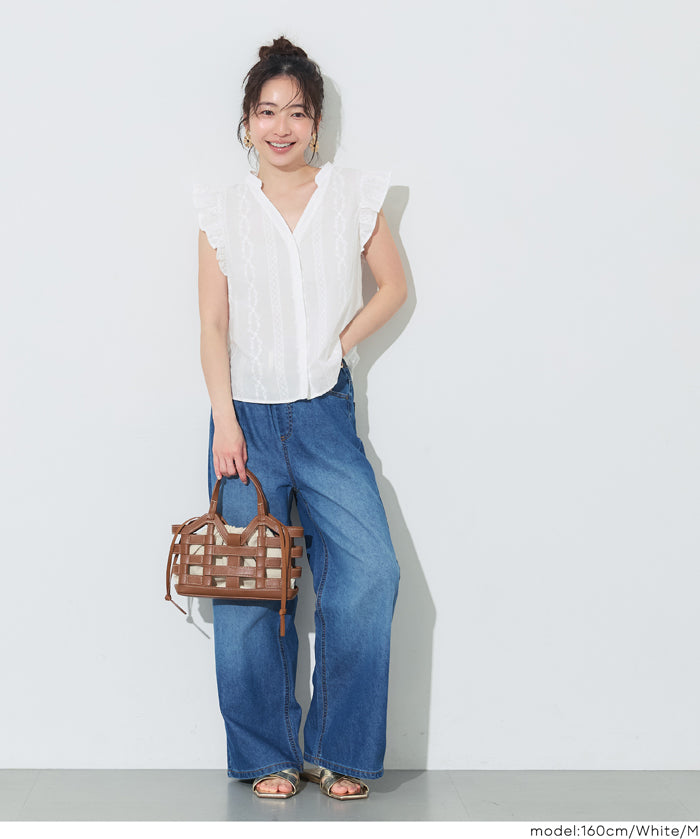 日系甜美刺繡荷花袖V領襯衫 (Cotton lace V-neck blouse)