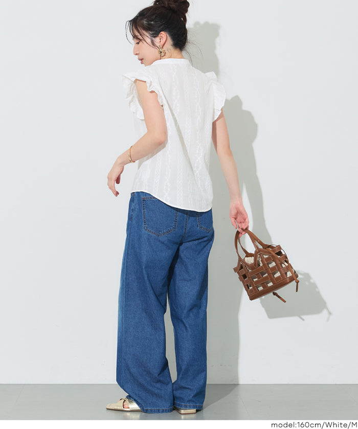 日系甜美刺繡荷花袖V領襯衫 (Cotton lace V-neck blouse)