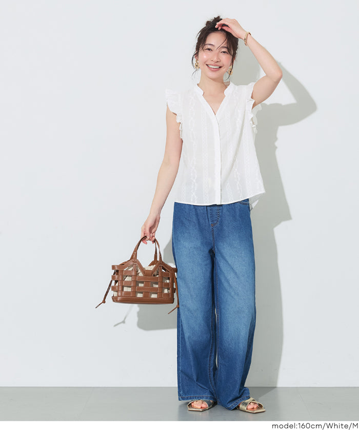 日系甜美刺繡荷花袖V領襯衫 (Cotton lace V-neck blouse)