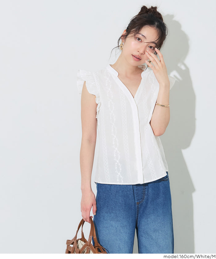 日系甜美刺繡荷花袖V領襯衫 (Cotton lace V-neck blouse)