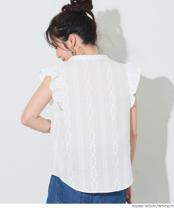 日系甜美刺繡荷花袖V領襯衫 (Cotton lace V-neck blouse)