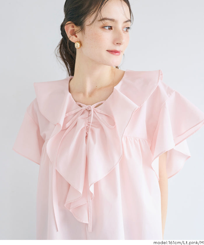 日系甜美荷葉邊綁帶V領襯衫 (Big collar frill blouse)