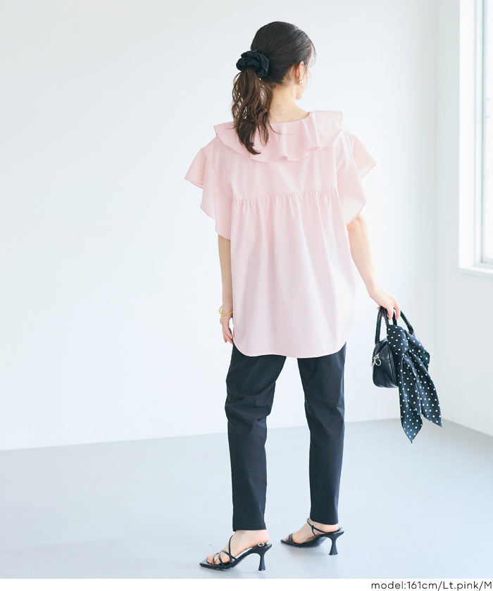 日系甜美荷葉邊綁帶V領襯衫 (Big collar frill blouse)