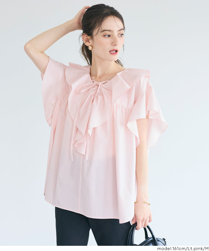 日系甜美荷葉邊綁帶V領襯衫 (Big collar frill blouse)