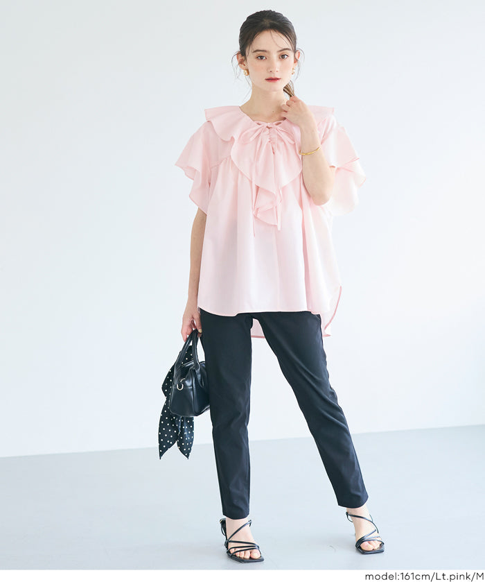 日系甜美荷葉邊綁帶V領襯衫 (Big collar frill blouse)