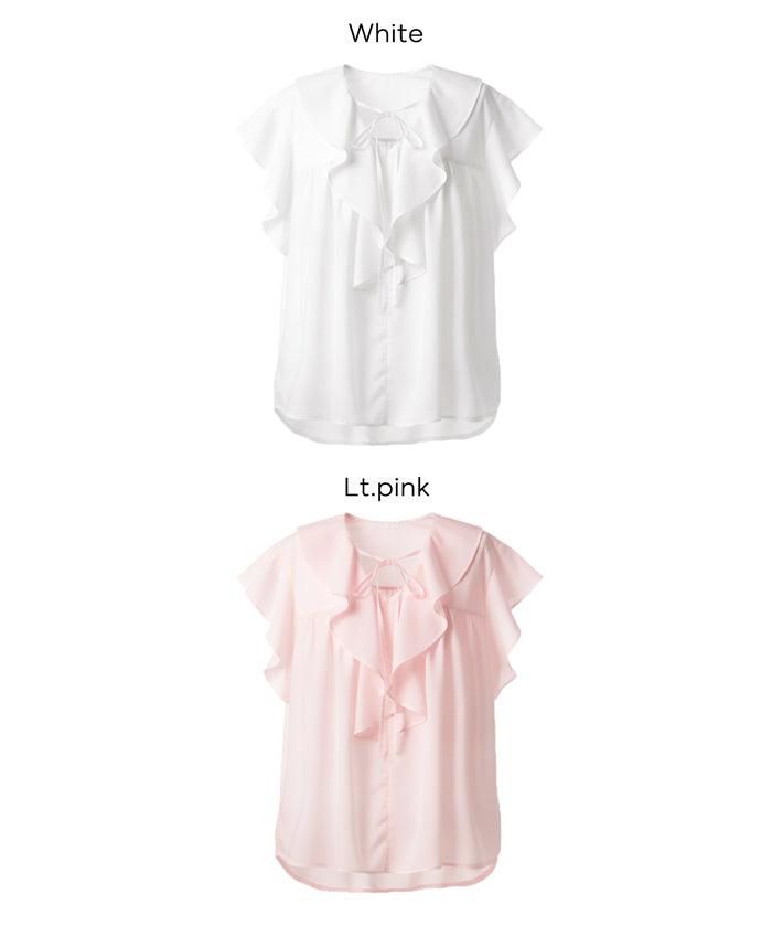 日系甜美荷葉邊綁帶V領襯衫 (Big collar frill blouse)