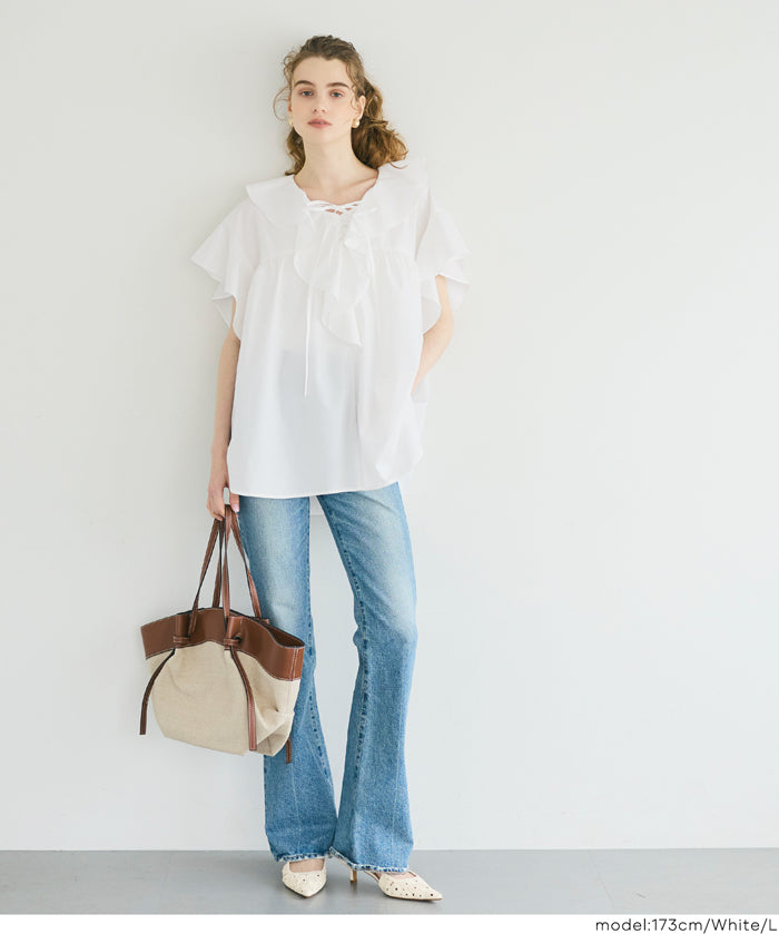 日系甜美荷葉邊綁帶V領襯衫 (Big collar frill blouse)