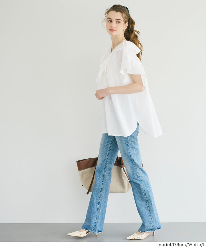 日系甜美荷葉邊綁帶V領襯衫 (Big collar frill blouse)