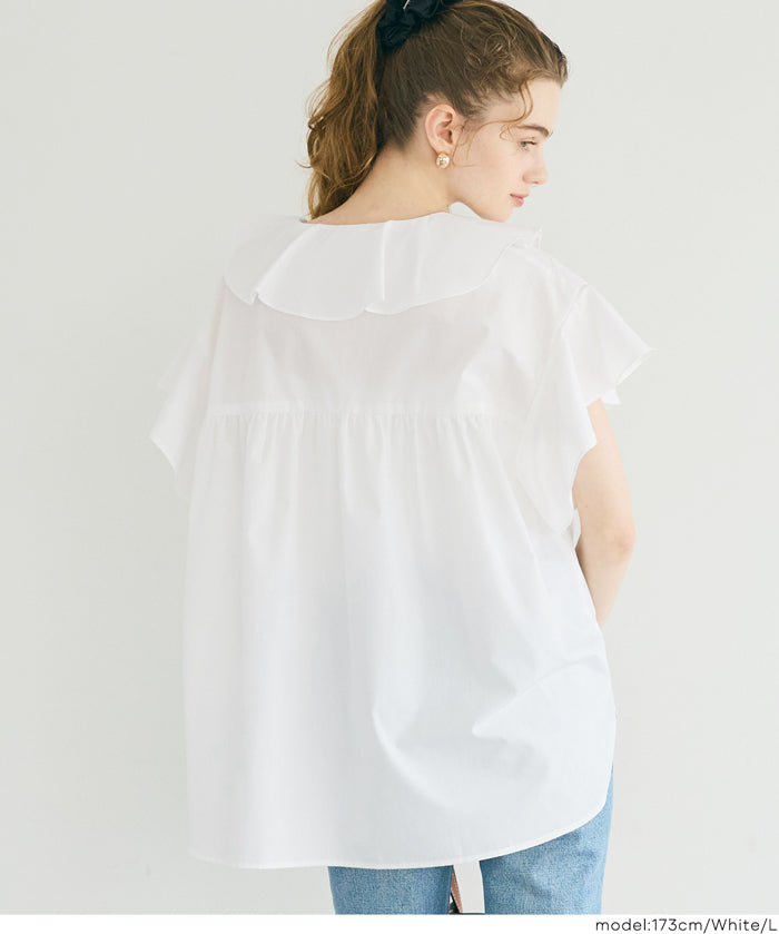 日系甜美荷葉邊綁帶V領襯衫 (Big collar frill blouse)