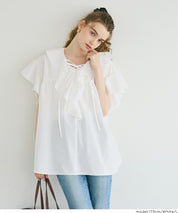 日系甜美荷葉邊綁帶V領襯衫 (Big collar frill blouse)