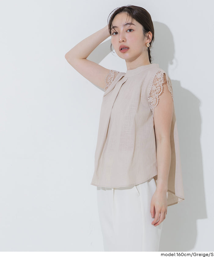 日系蕾絲拼接無袖上衣( Blouse with lace flares)