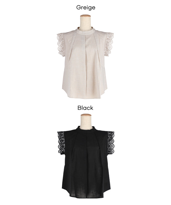 日系蕾絲拼接無袖上衣( Blouse with lace flares)