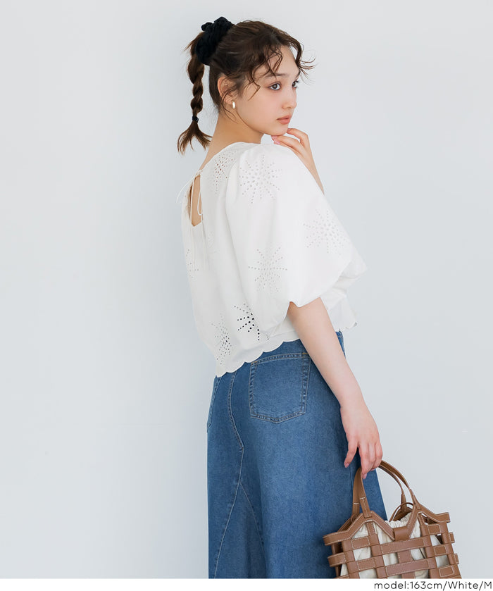 森系蕾絲泡泡袖短版上衣( Lace Back Ribbon Blouse)