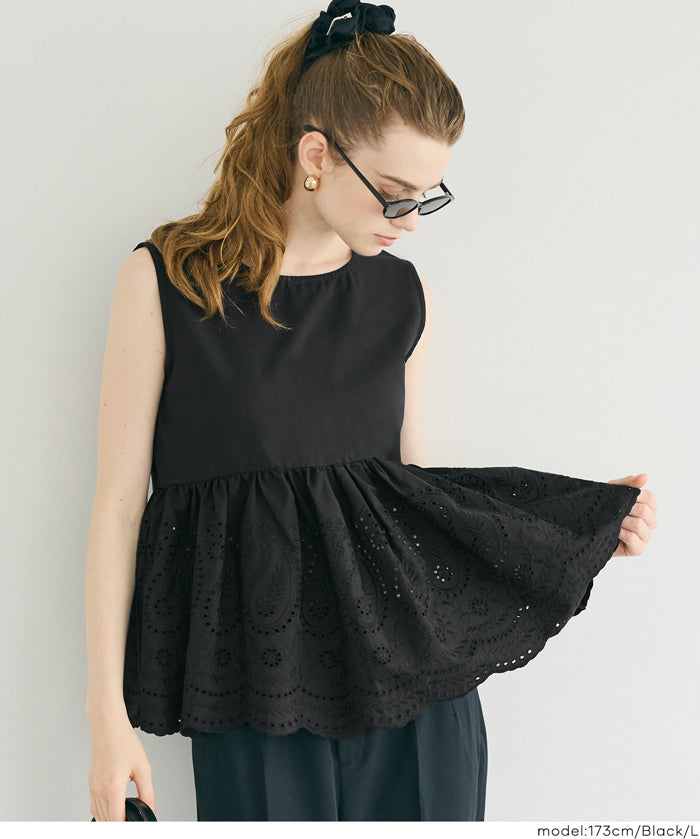 日系蕾絲拼接娃娃無袖上衣  (Punching Sleeveless Blouse)