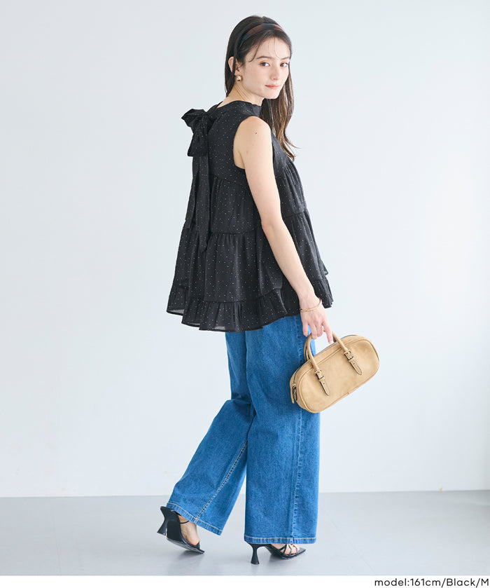 日系甜美波點蝴蝶結無袖A字上衣 (Polka dot tiered back ribbon blouse)