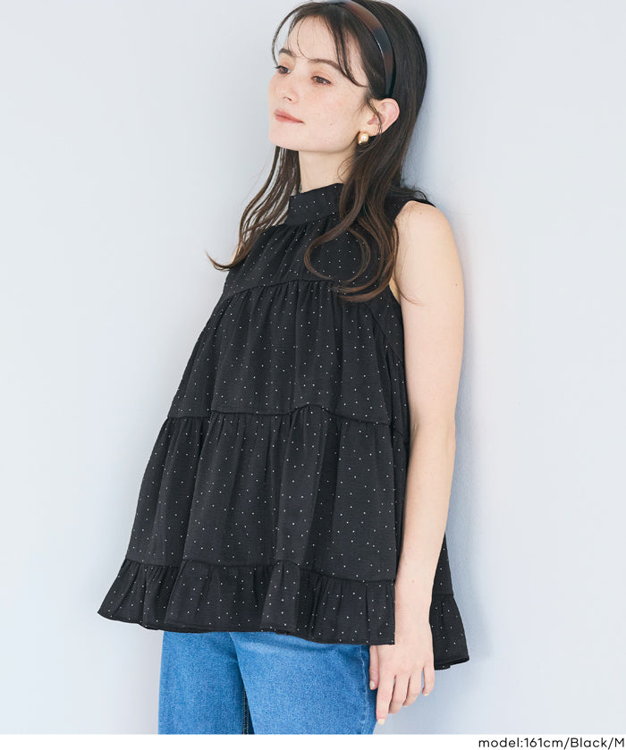 日系甜美波點蝴蝶結無袖A字上衣 (Polka dot tiered back ribbon blouse)