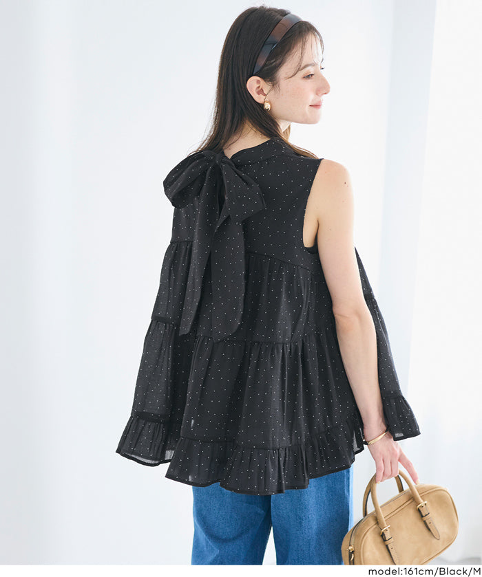 日系甜美波點蝴蝶結無袖A字上衣 (Polka dot tiered back ribbon blouse)