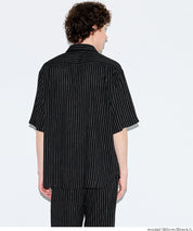 男裝棉麻質感條紋短袖襯衫 (Linen-like striped relaxed shirt)