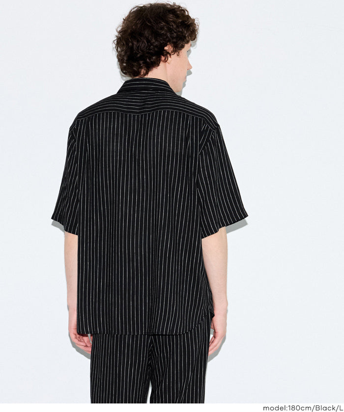 男裝棉麻質感條紋短袖襯衫 (Linen-like striped relaxed shirt)