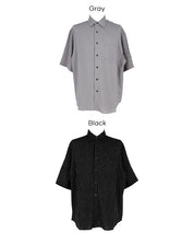 男裝棉麻質感條紋短袖襯衫 (Linen-like striped relaxed shirt)