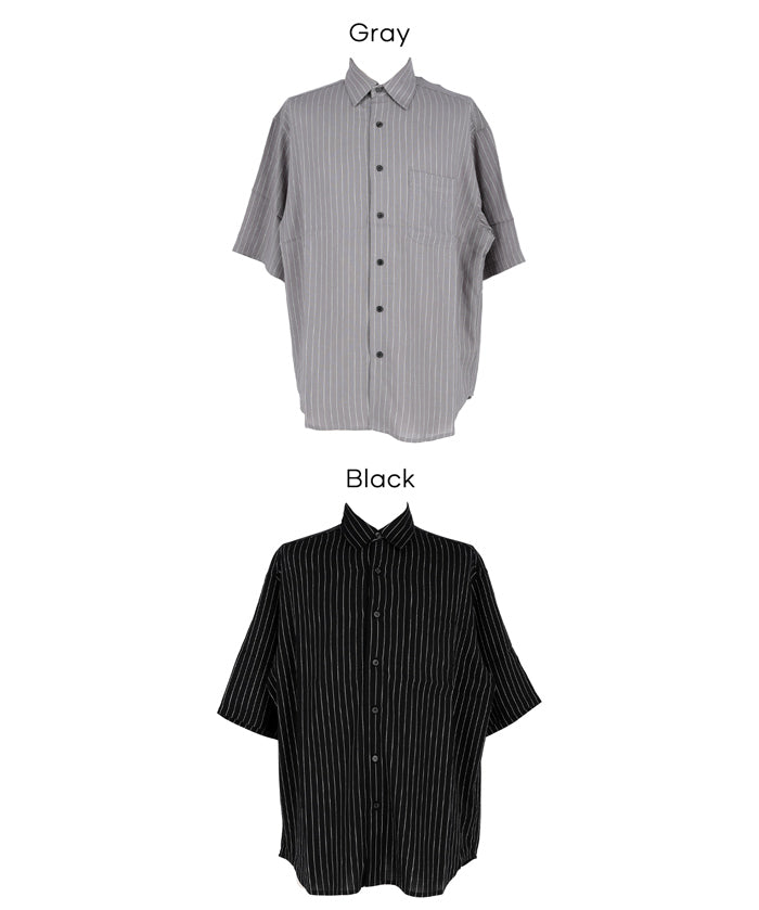男裝棉麻質感條紋短袖襯衫 (Linen-like striped relaxed shirt)