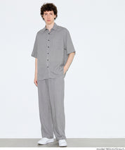 男裝棉麻質感條紋短袖襯衫 (Linen-like striped relaxed shirt)