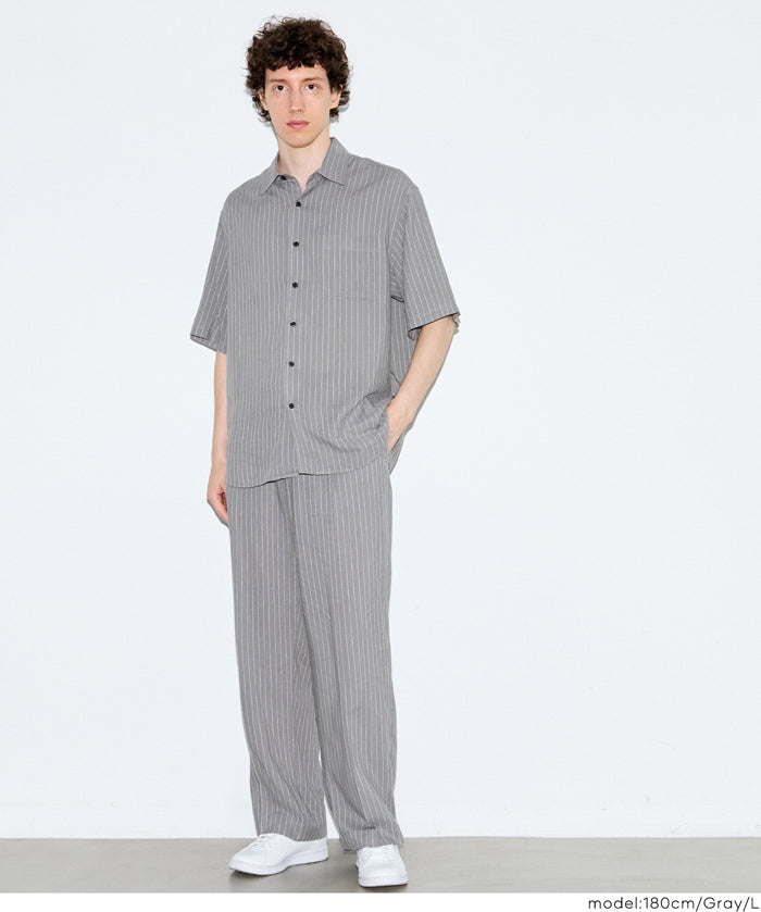 男裝棉麻質感條紋短袖襯衫 (Linen-like striped relaxed shirt)