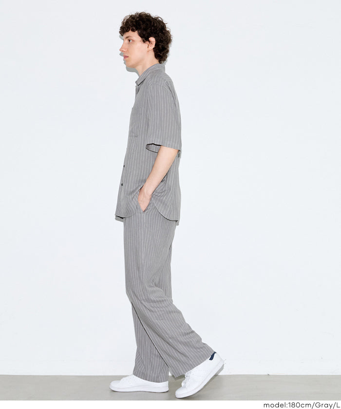 男裝棉麻質感條紋短袖襯衫 (Linen-like striped relaxed shirt)