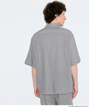 男裝棉麻質感條紋短袖襯衫 (Linen-like striped relaxed shirt)