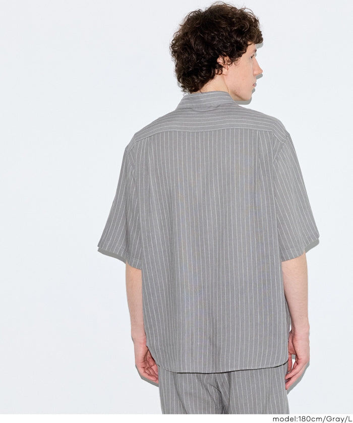 男裝棉麻質感條紋短袖襯衫 (Linen-like striped relaxed shirt)