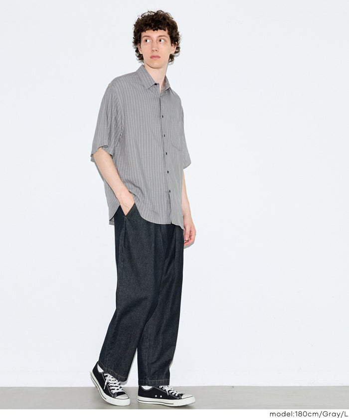 男裝棉麻質感條紋短袖襯衫 (Linen-like striped relaxed shirt)