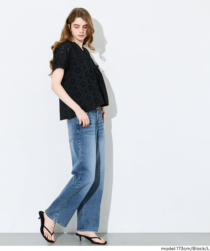 森系棉質蕾絲V領上衣 (Cotton punched lace Top)