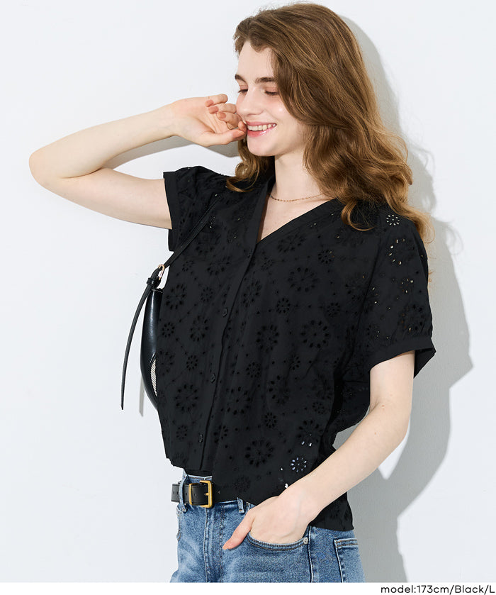 森系棉質蕾絲V領上衣 (Cotton punched lace Top)