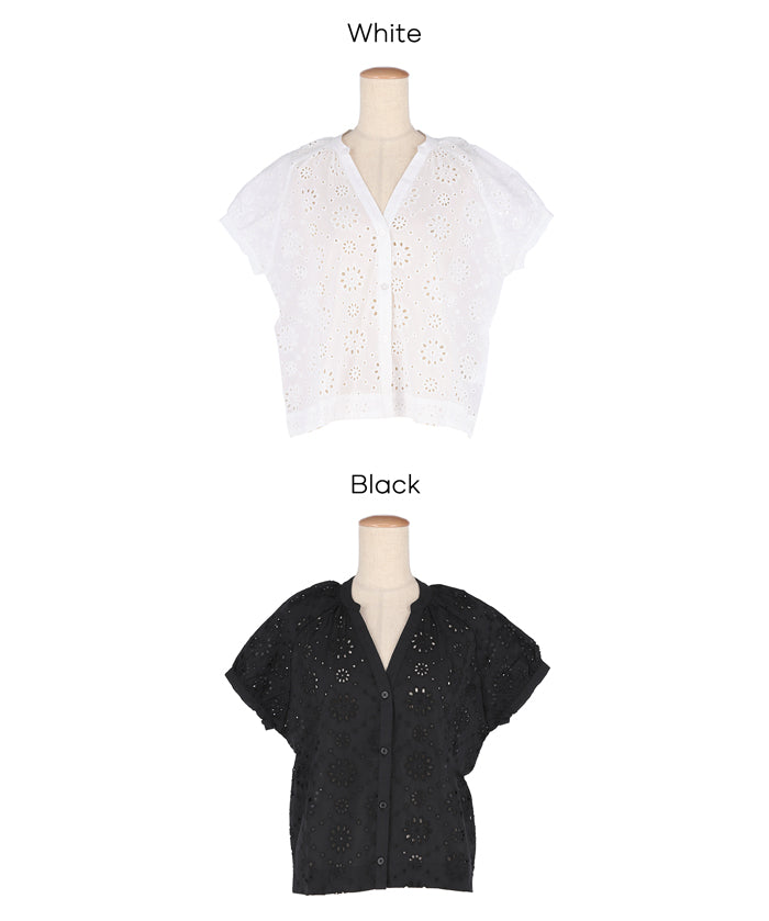 森系棉質蕾絲V領上衣 (Cotton punched lace Top)