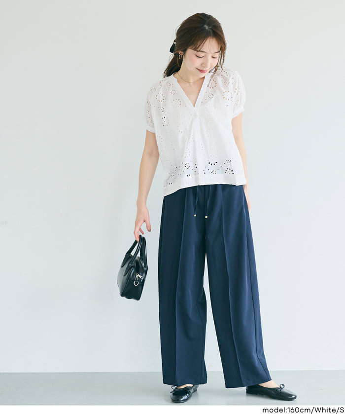 森系棉質蕾絲V領上衣 (Cotton punched lace Top)