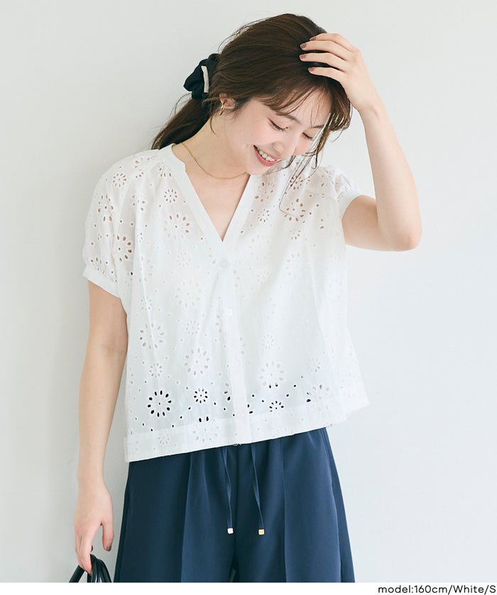 森系棉質蕾絲V領上衣 (Cotton punched lace Top)